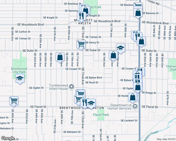 map of restaurants, bars, coffee shops, grocery stores, and more near 6716 Southeast 72nd Avenue in Portland