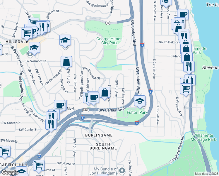 map of restaurants, bars, coffee shops, grocery stores, and more near 614 Southwest Nevada Street in Portland