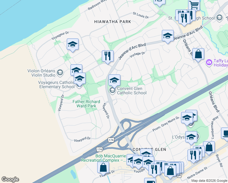 map of restaurants, bars, coffee shops, grocery stores, and more near 6212 Jeanne d'Arc Boulevard North in Ottawa