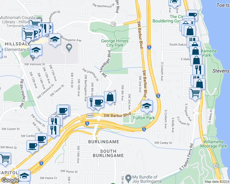 map of restaurants, bars, coffee shops, grocery stores, and more near 6912 Southwest 5th Avenue in Portland