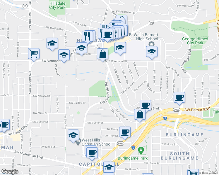 map of restaurants, bars, coffee shops, grocery stores, and more near 1660 Southwest Bertha Boulevard in Portland