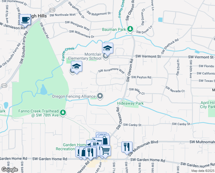 map of restaurants, bars, coffee shops, grocery stores, and more near 7342 Southwest Arranmore Way in Portland