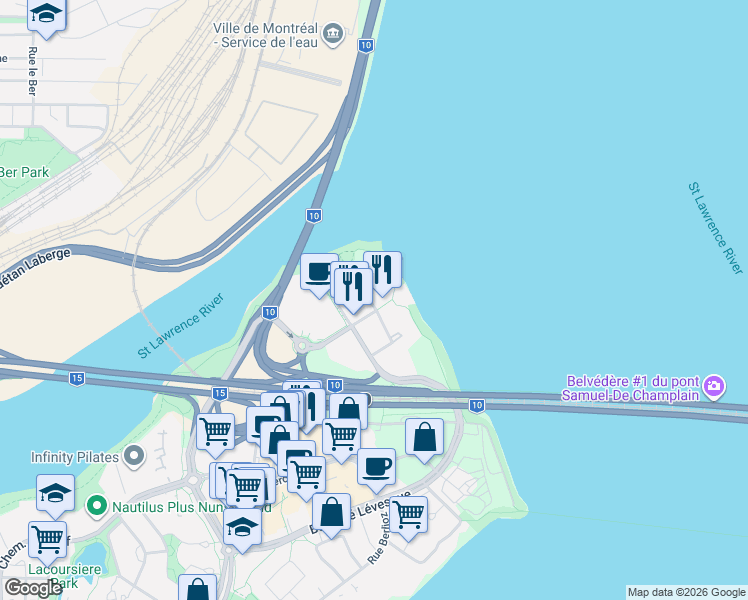 map of restaurants, bars, coffee shops, grocery stores, and more near 199 Rue de la Rotonde in Montréal