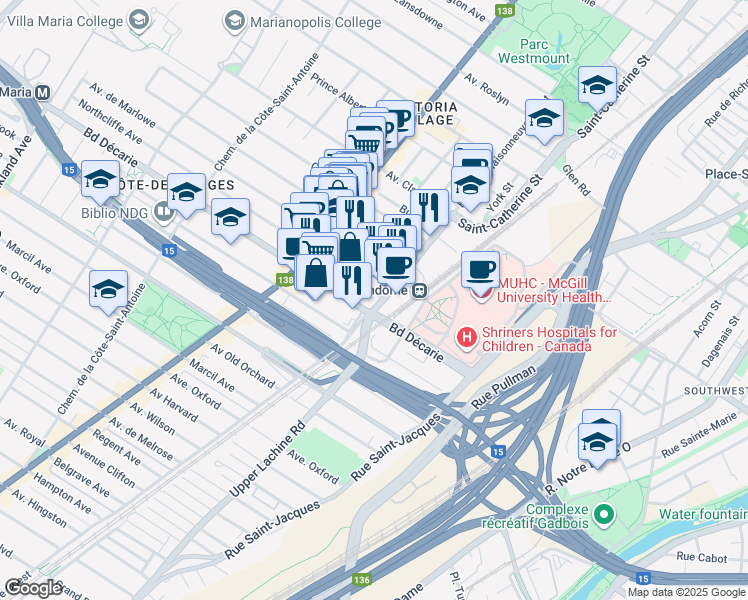 map of restaurants, bars, coffee shops, grocery stores, and more near 2000 Avenue Northcliffe in Montréal