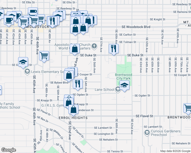 map of restaurants, bars, coffee shops, grocery stores, and more near 6726 Southeast 56th Avenue in Portland