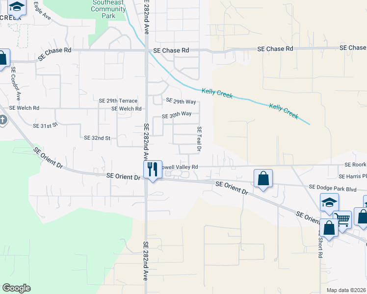 map of restaurants, bars, coffee shops, grocery stores, and more near 6366 Southeast 33rd Way in Gresham