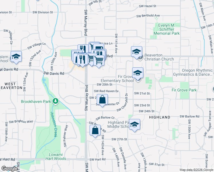 map of restaurants, bars, coffee shops, grocery stores, and more near 14220 Southwest 20th Street in Beaverton