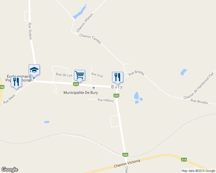 map of restaurants, bars, coffee shops, grocery stores, and more near 596 Rue Main in Bury