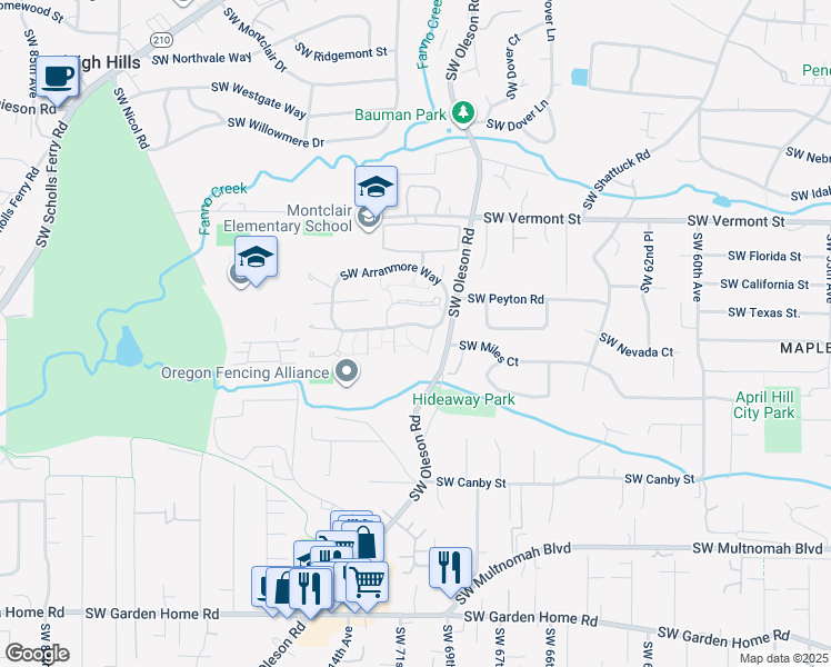 map of restaurants, bars, coffee shops, grocery stores, and more near 7378 Southwest Arranmore Way in Portland
