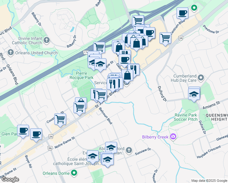 map of restaurants, bars, coffee shops, grocery stores, and more near 2803 St Joseph Blvd in Ottawa