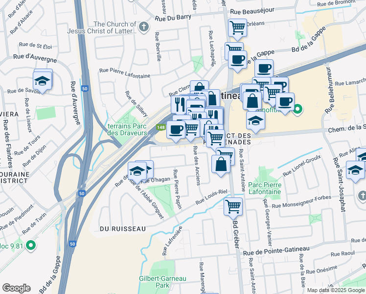 map of restaurants, bars, coffee shops, grocery stores, and more near 16 Chemin de la Savane in Gatineau
