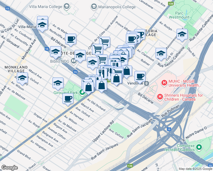 map of restaurants, bars, coffee shops, grocery stores, and more near 5360 Sherbrooke Street West in Montreal
