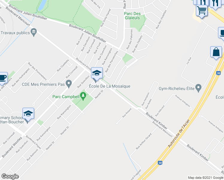 map of restaurants, bars, coffee shops, grocery stores, and more near 7003 Boulevard Maricourt in Longueuil