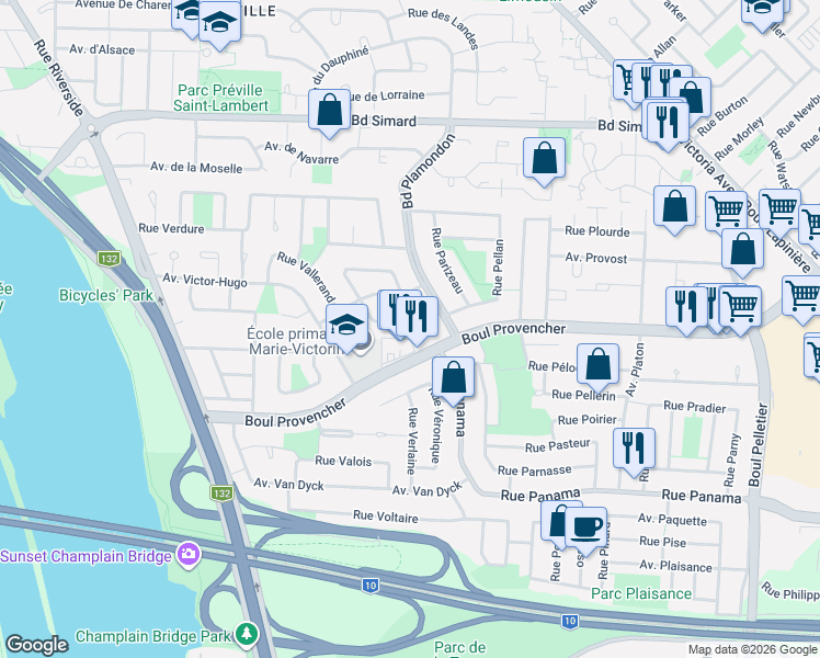 map of restaurants, bars, coffee shops, grocery stores, and more near 869 Rue Perrier in Brossard