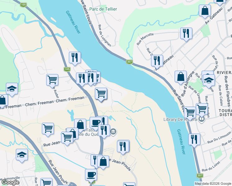 map of restaurants, bars, coffee shops, grocery stores, and more near 34 Rue de l'Anse aux Bateaux in Gatineau