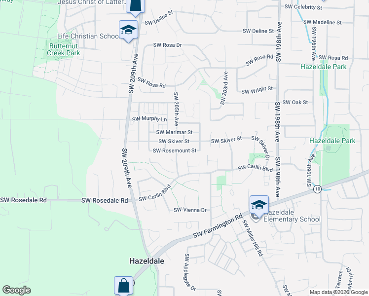 map of restaurants, bars, coffee shops, grocery stores, and more near 20607 Southwest Rosemount Street in Beaverton