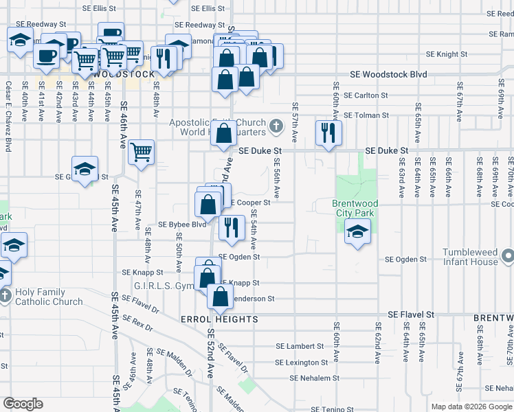map of restaurants, bars, coffee shops, grocery stores, and more near 5406 Southeast Cooper Street in Portland