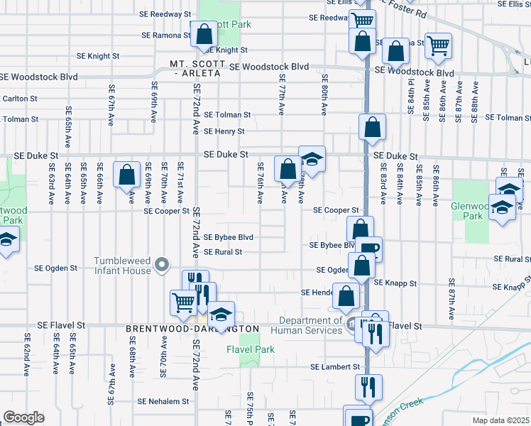 map of restaurants, bars, coffee shops, grocery stores, and more near 6731 Southeast 77th Avenue in Portland