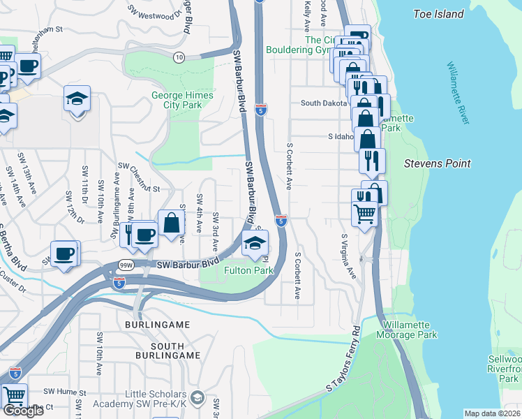 map of restaurants, bars, coffee shops, grocery stores, and more near 6930 Southwest Brier Place in Portland