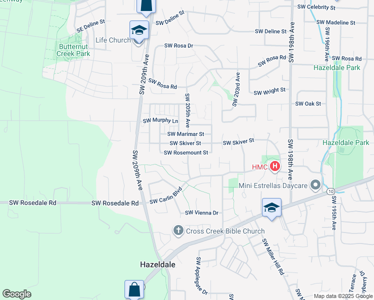 map of restaurants, bars, coffee shops, grocery stores, and more near 20619 Southwest Skiver Street in Beaverton