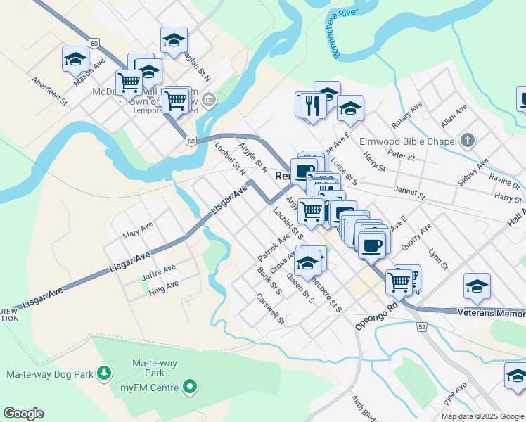 map of restaurants, bars, coffee shops, grocery stores, and more near 101 Munroe Avenue West in Renfrew