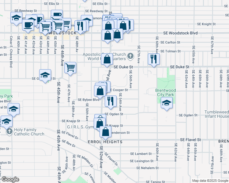 map of restaurants, bars, coffee shops, grocery stores, and more near 5254 Southeast Cooper Street in Portland