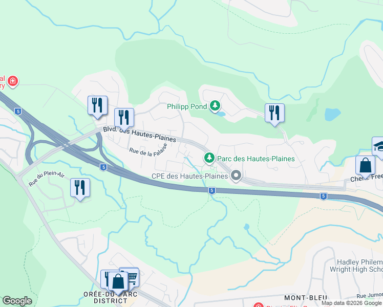 map of restaurants, bars, coffee shops, grocery stores, and more near 527 Boulevard des Hautes-Plaines in Gatineau