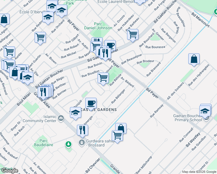 map of restaurants, bars, coffee shops, grocery stores, and more near 5125 Rue Bélisle in Longueuil