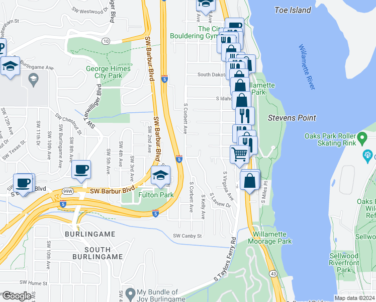 map of restaurants, bars, coffee shops, grocery stores, and more near 7014 Southwest Corbett Avenue in Portland