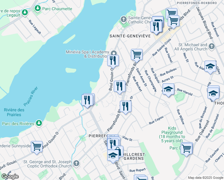 map of restaurants, bars, coffee shops, grocery stores, and more near 16676 Boulevard Gouin Ouest in Montréal