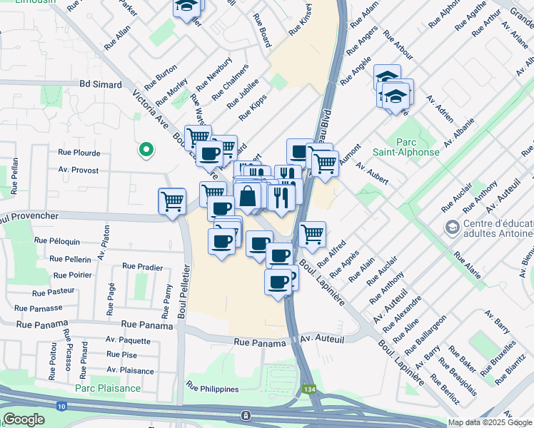 map of restaurants, bars, coffee shops, grocery stores, and more near 2210 Boulevard Lapinière in Brossard