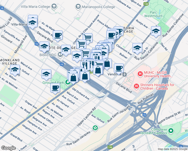 map of restaurants, bars, coffee shops, grocery stores, and more near 2235 Avenue Prud'homme in Montreal