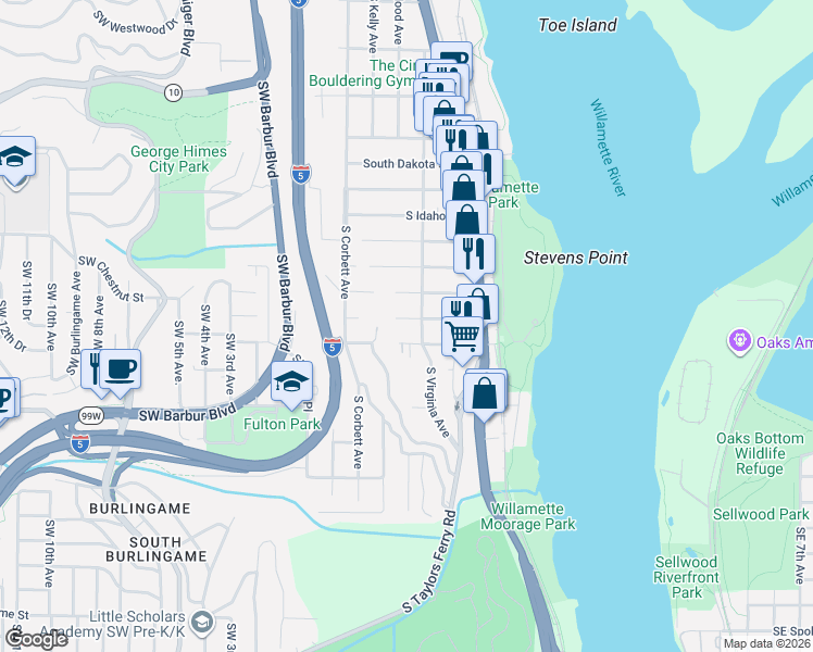 map of restaurants, bars, coffee shops, grocery stores, and more near 418 South Texas Street in Portland