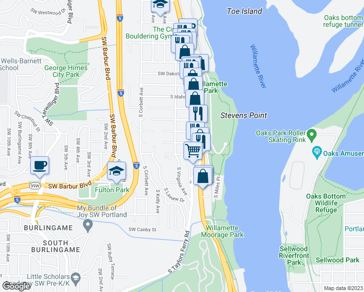 map of restaurants, bars, coffee shops, grocery stores, and more near 524 South Texas Street in Portland