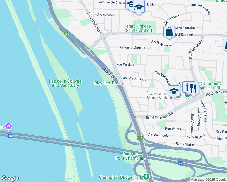 map of restaurants, bars, coffee shops, grocery stores, and more near 5740 Boulevard Marie-Victorin in Brossard