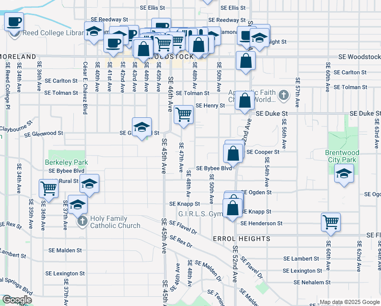 map of restaurants, bars, coffee shops, grocery stores, and more near 6745 Southeast 47th Avenue in Portland