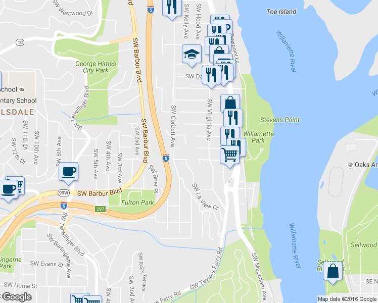 map of restaurants, bars, coffee shops, grocery stores, and more near 235 Southwest Texas Street in Portland