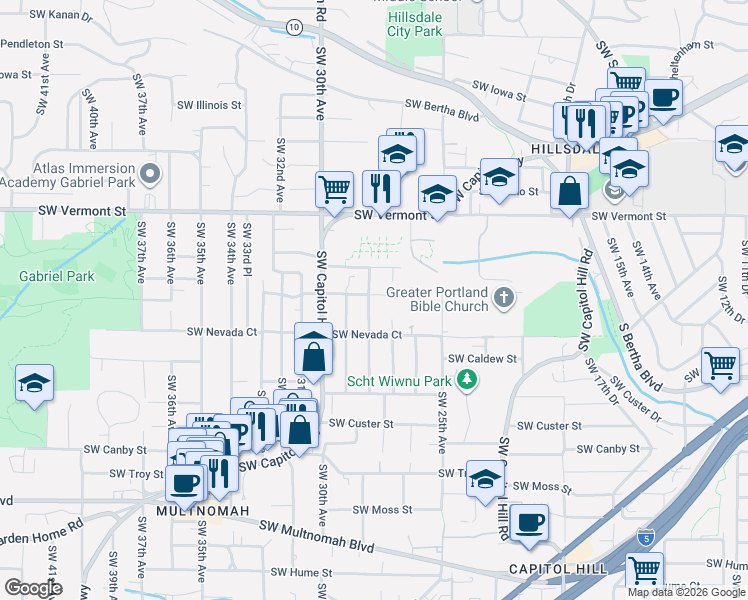 map of restaurants, bars, coffee shops, grocery stores, and more near 2808 Southwest California Street in Portland