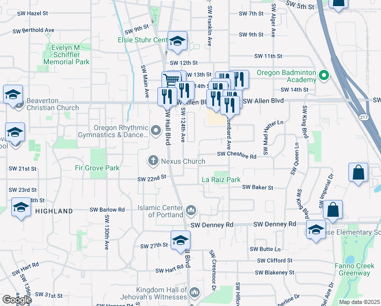 map of restaurants, bars, coffee shops, grocery stores, and more near 6120 Southwest 124th Avenue in Beaverton