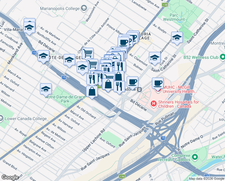 map of restaurants, bars, coffee shops, grocery stores, and more near 2084 Boulevard Décarie in Montréal