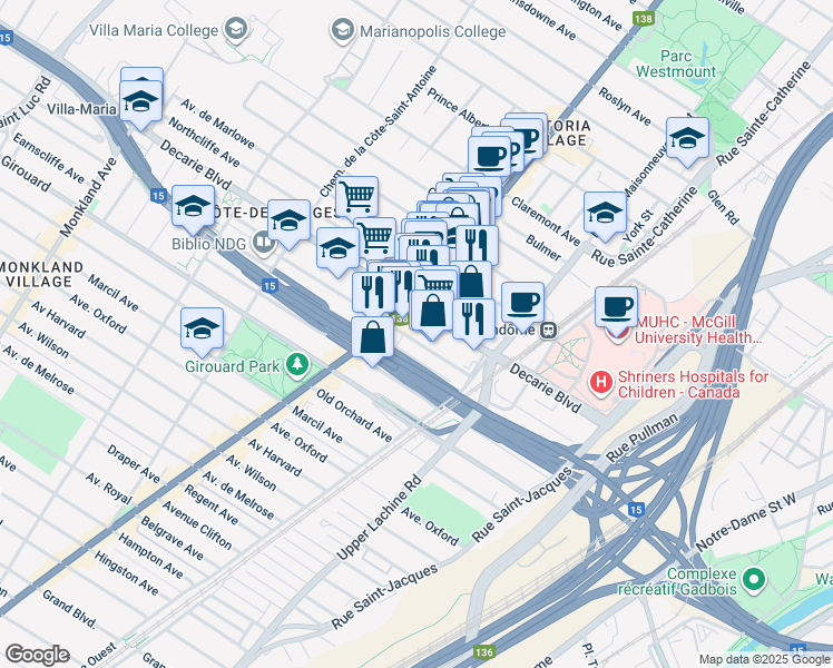 map of restaurants, bars, coffee shops, grocery stores, and more near 2235 Avenue Prud'homme in Montréal
