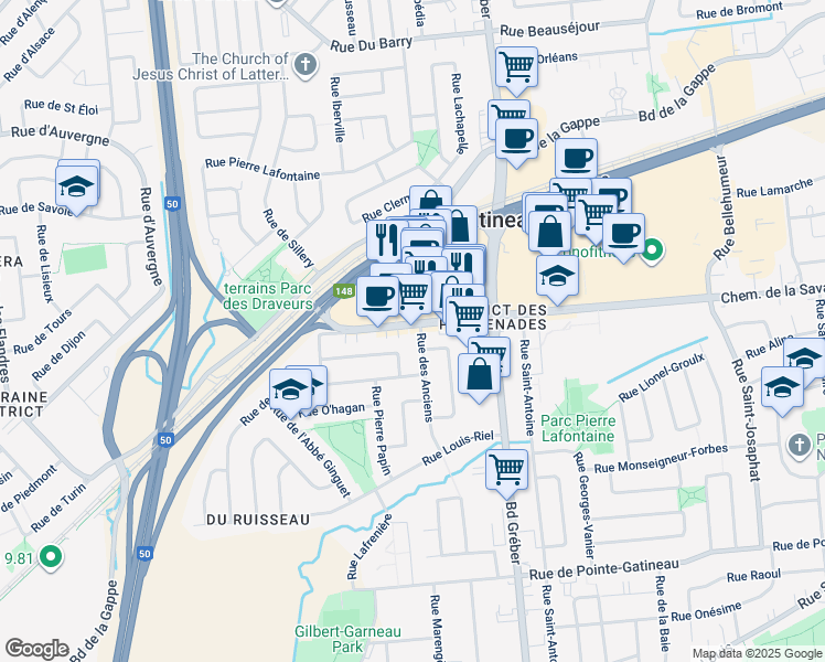 map of restaurants, bars, coffee shops, grocery stores, and more near 25 Chemin de la Savane in Gatineau