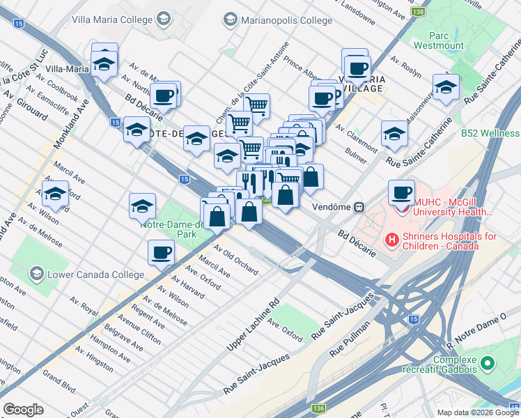 map of restaurants, bars, coffee shops, grocery stores, and more near 5360 Sherbrooke Street West in Montreal