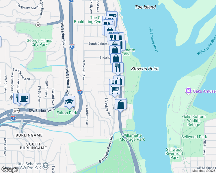 map of restaurants, bars, coffee shops, grocery stores, and more near 524 South Texas Street in Portland