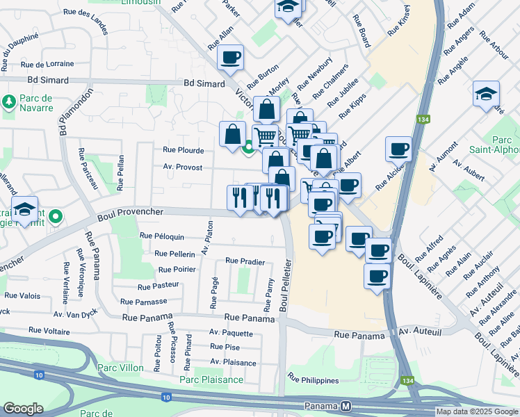 map of restaurants, bars, coffee shops, grocery stores, and more near 1490 Boulevard Provencher in Brossard