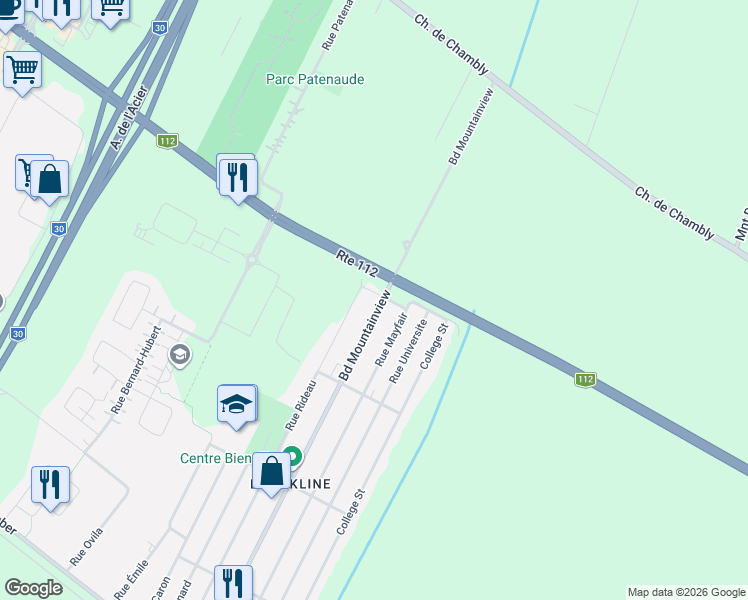 map of restaurants, bars, coffee shops, grocery stores, and more near 3060 Boulevard Mountainview in Longueuil