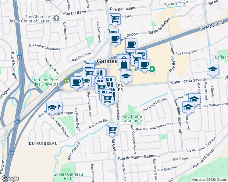 map of restaurants, bars, coffee shops, grocery stores, and more near 46 Chemin de la Savane in Gatineau