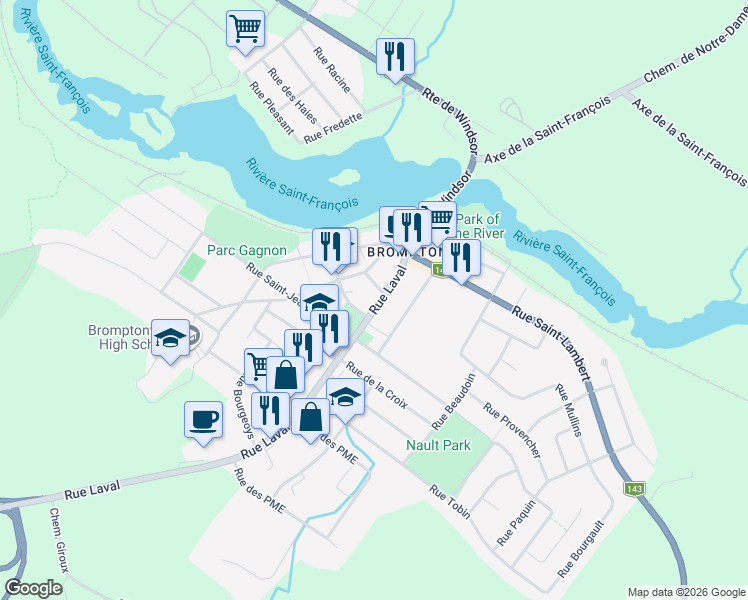 map of restaurants, bars, coffee shops, grocery stores, and more near 91 Rue Laval in Sherbrooke