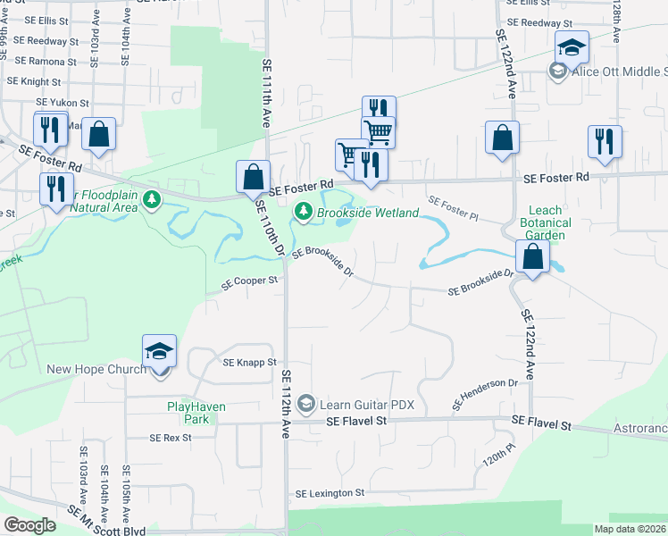 map of restaurants, bars, coffee shops, grocery stores, and more near 11318 Southeast Brookside Drive in Portland