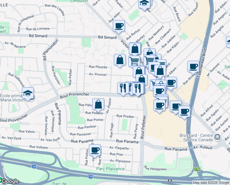 map of restaurants, bars, coffee shops, grocery stores, and more near 1310 Boulevard Provencher in Brossard